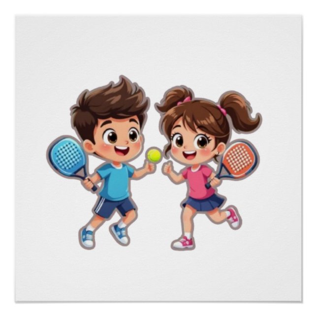 Poster Cute Cartoon Boy and Girl Playing Padel Tennis – F (Devant)