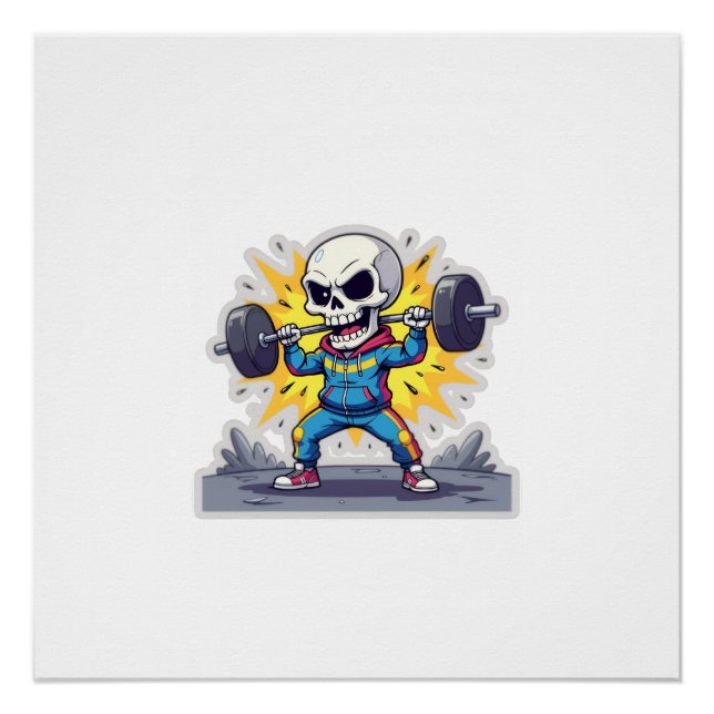 Poster “Cute Cartoon Skeleton Weightlifter • Funny Gym Ba (Devant)