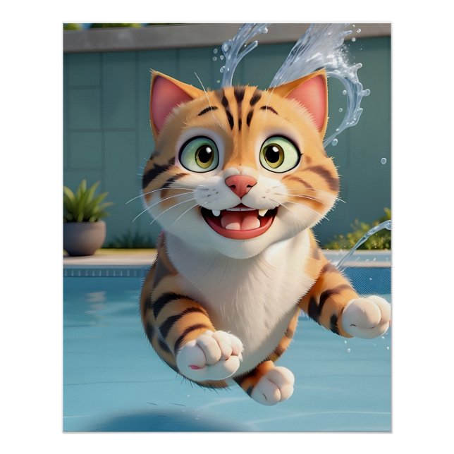 Poster Cute Cat Flying Natation Plongée dans la piscine A (Devant)