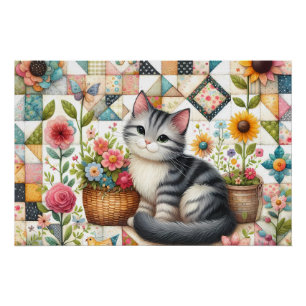 Poster Cute Chat sur Plage Florale Cottagecore Art