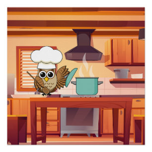 Poster Cute Chef Owl Cuisine en cuisine