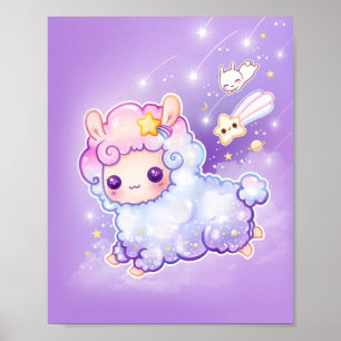 Poster Cute chibi alpaca avec l'étoile filante kawaii