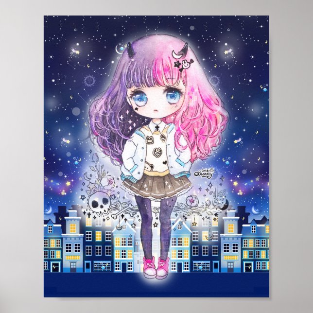 Poster Cute chibi girl in a city of stars (Devant)