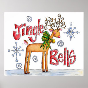 Poster Cute Christmas Reindeer, Jingle Bells Snowflakes