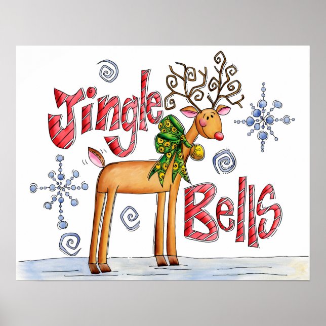 Poster Cute Christmas Reindeer, Jingle Bells Snowflakes (Devant)