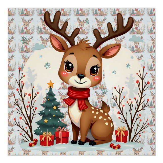 Poster Cute Christmas Reindeer Scene Snowy Forest (Devant)
