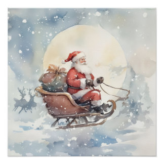 Poster Cute Christmas santa sleigh cozy Holiday Wall Art