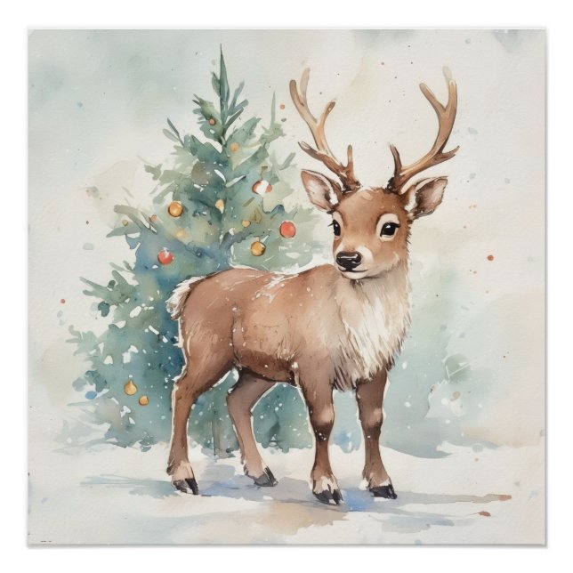 Poster Cute Christmas tree reindeer cozy Holiday Wall Art (Devant)