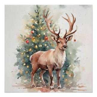 Poster Cute Christmas tree reindeer cozy Holiday Wall Art