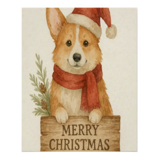 Poster Cute corgi wearing Santa's hat