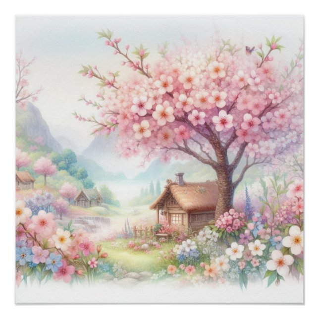 Poster Cute country cabin in floral scenery watercolor   (Devant)