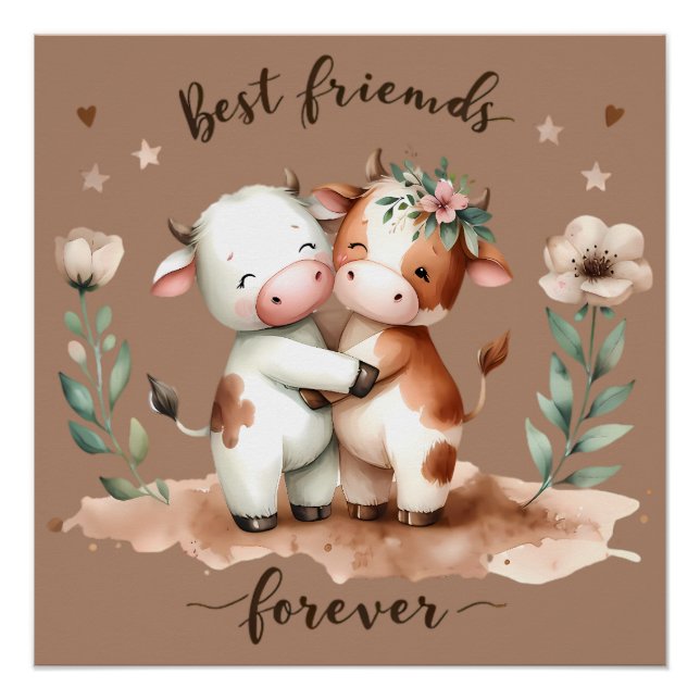 Poster Cute Cow Meilleurs amis Hug Floral Art (Devant)