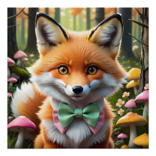 Poster Cute Fox avec arc vert et rose
