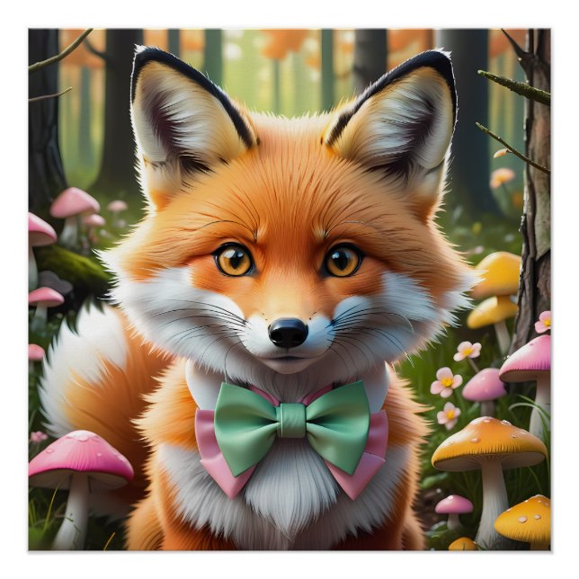Poster Cute Fox avec arc vert et rose (Devant)