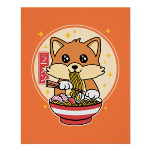 Poster Cute Fox Manger Ramen Kawaii Japonais Cadeau alime