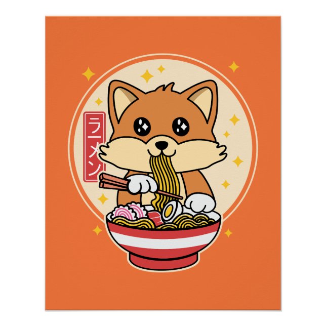 Poster Cute Fox Manger Ramen Kawaii Japonais Cadeau alime (Devant)