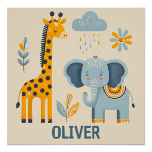 Poster Cute Giraffe et Elephant Safari amis