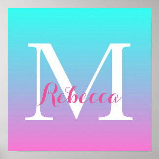 Poster cute girly ombre mermaid pink Fuchsia turquoise