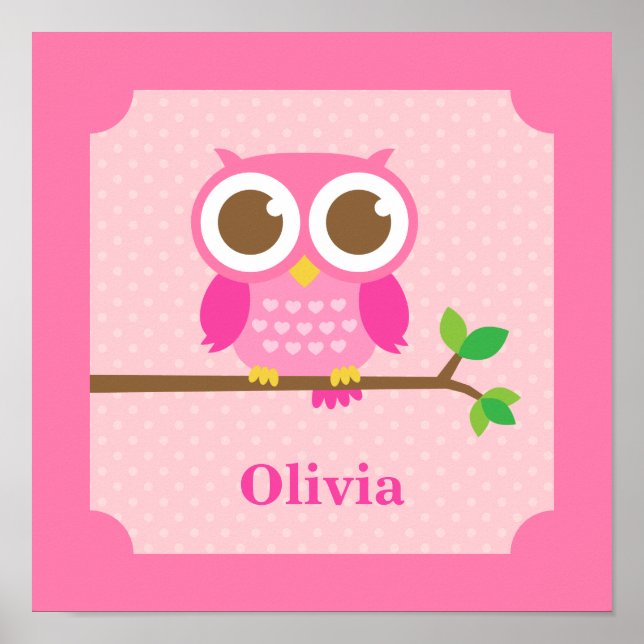 Poster Cute Girly Pink Owl on Branch Girls Room Decor (Devant)