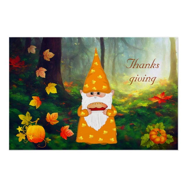 Poster Cute Gnome, Citrouilles & Feuilles d'Automne Thank (Devant)