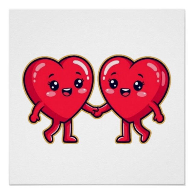 Poster Cute Heart Characters Holding Hands (Devant)