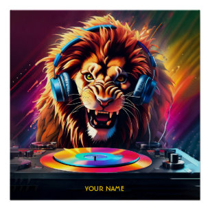 Poster Cute Imaginaire Lion DJ Vinyl