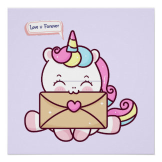 Poster Cute Kawaii Unicorn Love Illustration