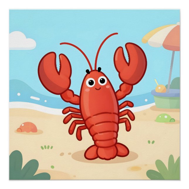 Poster Cute lobster at the beach (Devant)