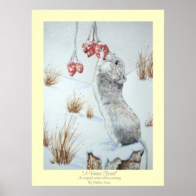 Poster Cute mouse and red berries snow scene wildlife art (Devant)