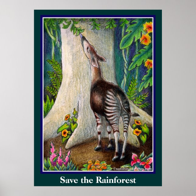 Poster Cute Okapi Save the Rainforest (Devant)