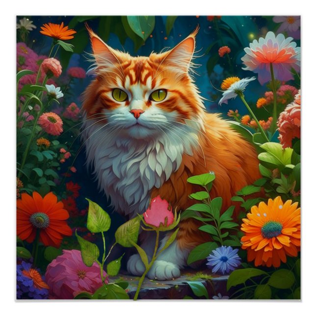 Poster Cute Orange Chat en Fleurs (Devant)