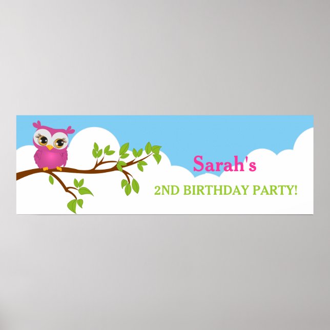 Poster Cute Owl sur Branche Fille Anniversaire Bannière (Devant)