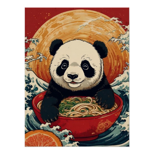 Poster Cute Panda Eating Ramen in Japanese Ukiyo-e Style  (Devant)