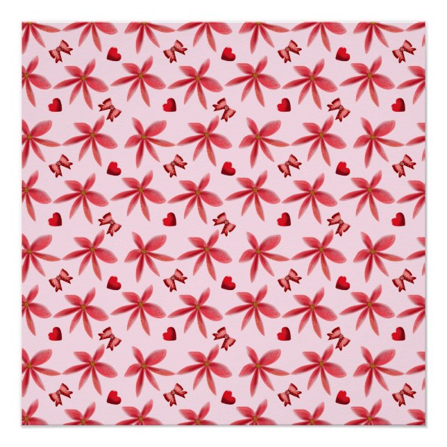 Poster Cute Red Floral Heart Pattern Seamless Girly  (Devant)