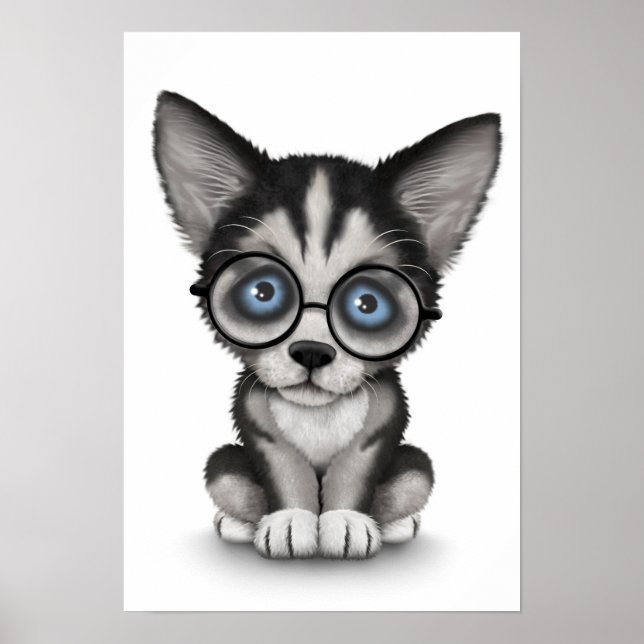 Poster Cute Sibérienne Husky Chiot Portant des lunettes B (Devant)