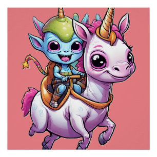 Poster Cute Space Alien équitation licorn drôle UFO