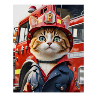 Poster Cute Tabby Chat en Aquarelle Uniforme Firefighter