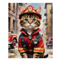 Cute Tabby Chat en Aquarelle Uniforme Firefighter