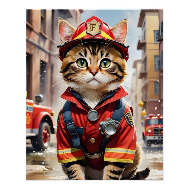 Poster Cute Tabby Chat en Aquarelle Uniforme Firefighter (Devant)