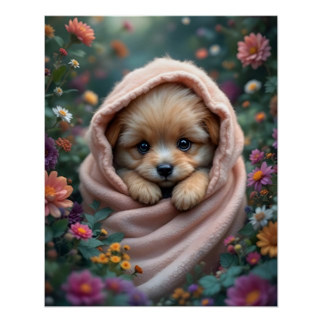 Poster Cute, tiny, fluffy puppy surrounded by flowers (Devant)