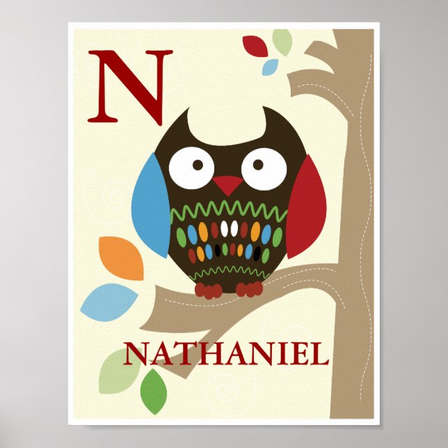 Poster Cute Tree Tops Owl Nursery Print (Devant)