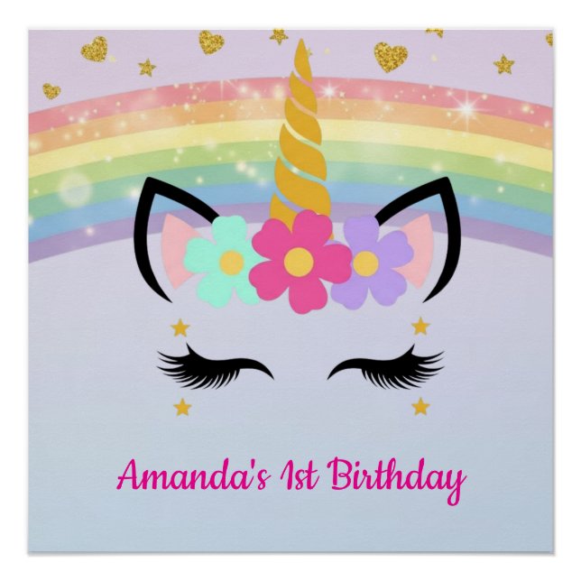 Poster Cute Unicorn Face Floral 1st Birthday Glossy (Devant)