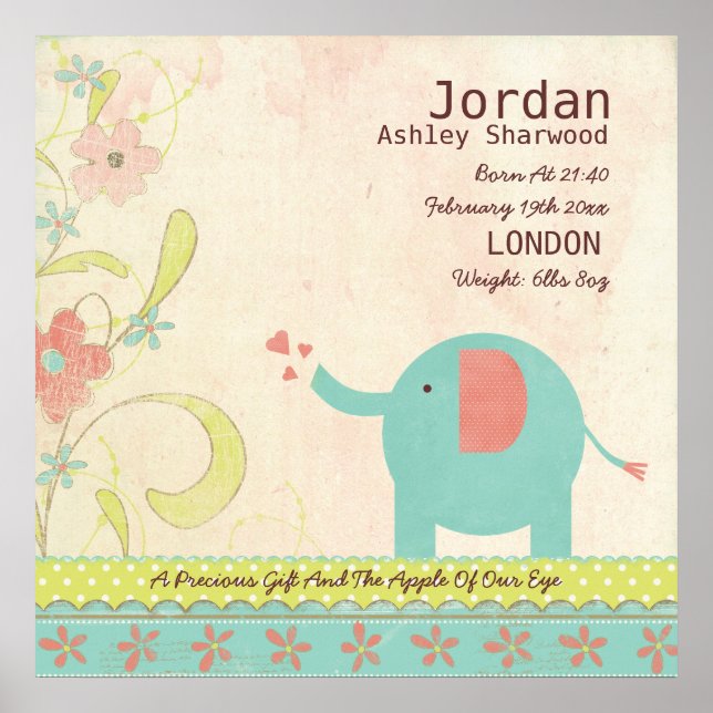 Poster Cute Unisex Baby Date de naissance Elephant Nurser (Devant)