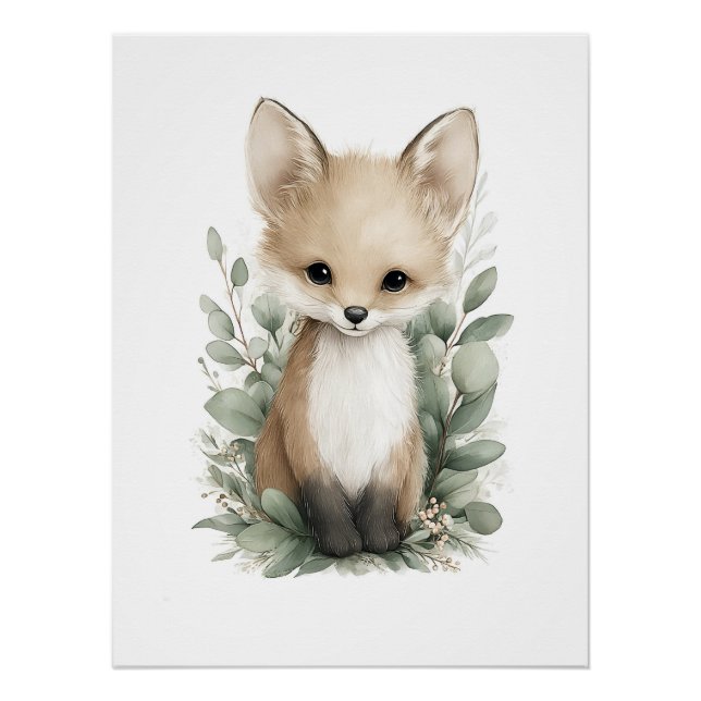 Poster Cute Watercolor Baby Animals with Flowers (Devant)