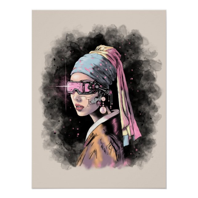 Poster Cyber-fille avec une oreille perle (Devant)