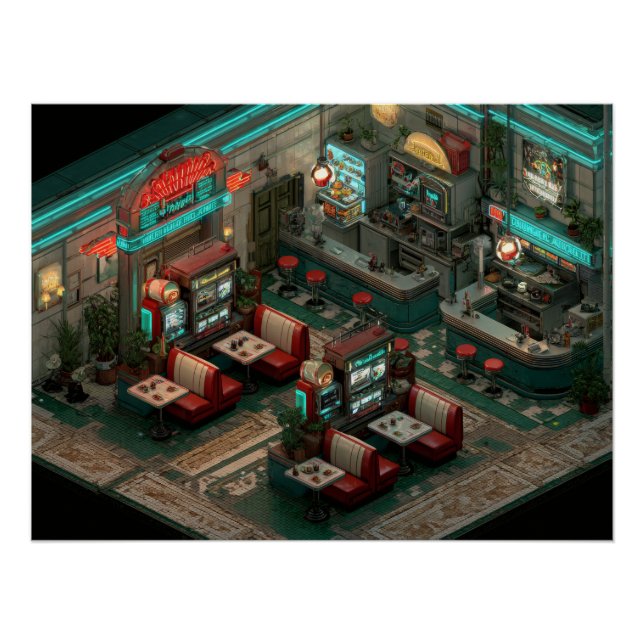 Poster Cyberpunk Neon Diner Isometric Art (Devant)
