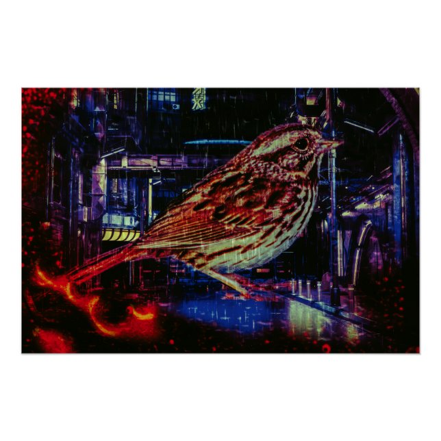 Poster Cyberpunk Sparrow dans Neon Cityscape (Devant)