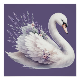 Poster Cygne à l'aquarelle avec florales lavande