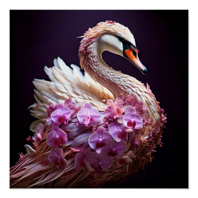 Poster Cygne surréel avec orchidées (Devant)