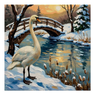 Poster Cygne Vintage par Peinture de Noël du Pont enneigé